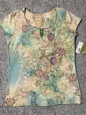 Vintage B. Friends Women's Mint Aqua Floral Scoop Neck Short Sleeve Tee With Tag